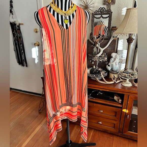 Vince Camuto Beautiful Fall Oranges Asymmetrical Tunic Striped Lined Dress XS/TP - Picture 11 of 16